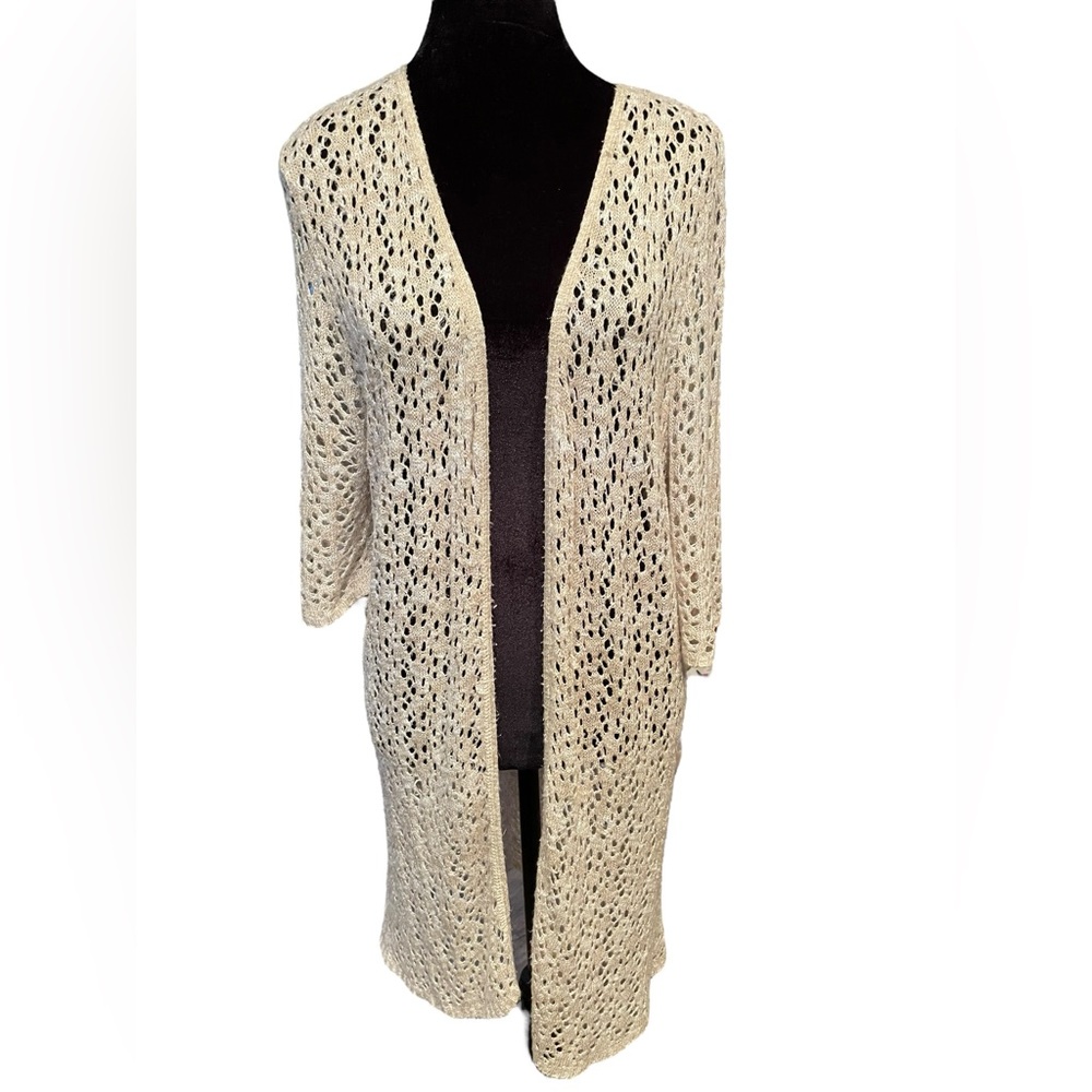 Kim Rogers Plus Size Cream Open Knit Boho Hippie Casual Longline Cardigan Top